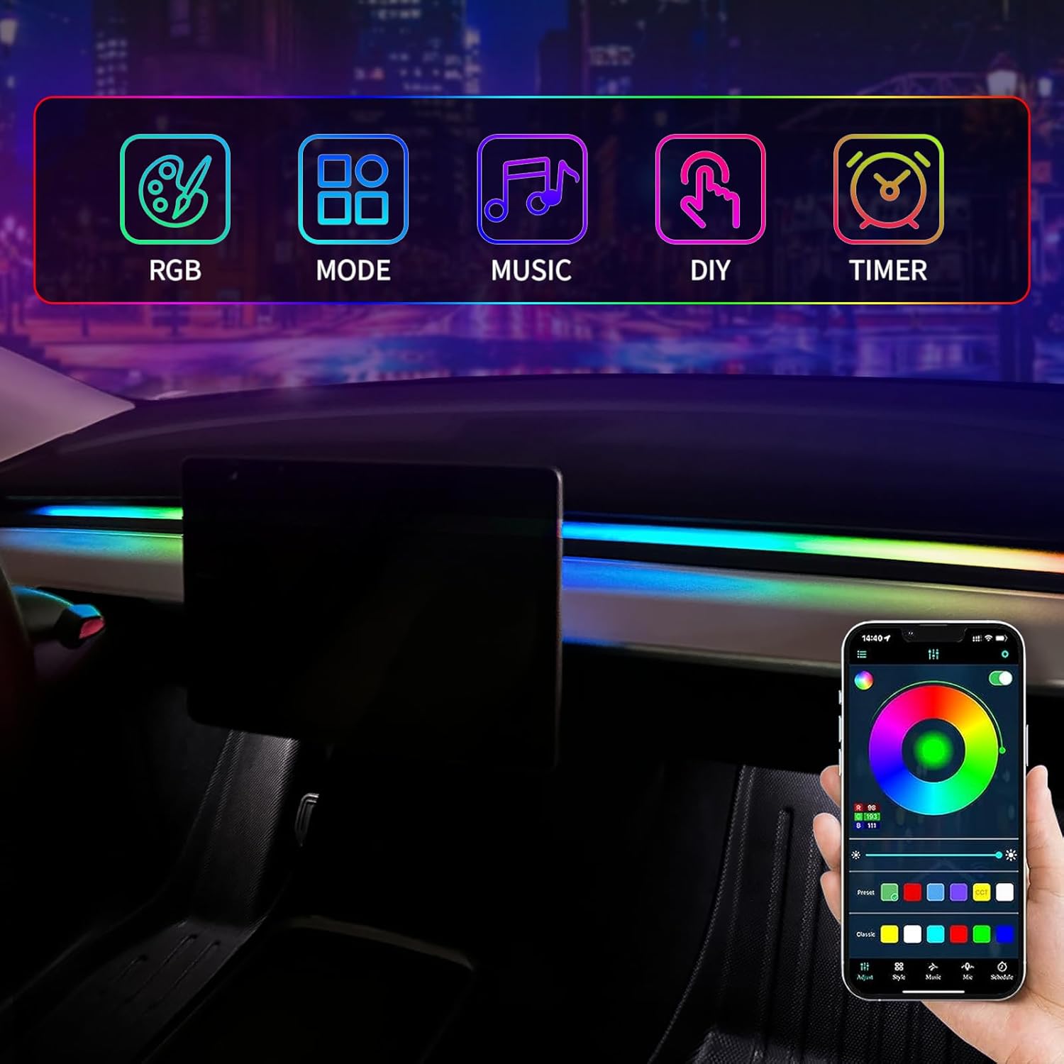 Tesla Model 3Y – Luces de neón interiores para tablero, tira de luces LED que cambian de color RGBIC con control remoto y aplicación, accesorios de