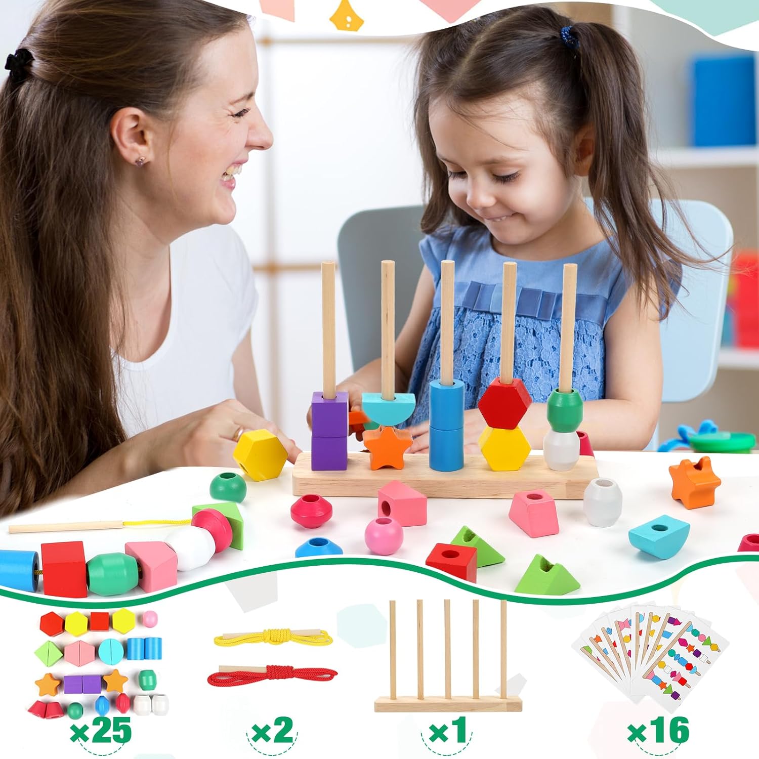 Juguetes Montessori de madera para niños pequeños, juguetes educativos de aprendizaje, bloques apilables y cuentas de cordones y apilador de formas