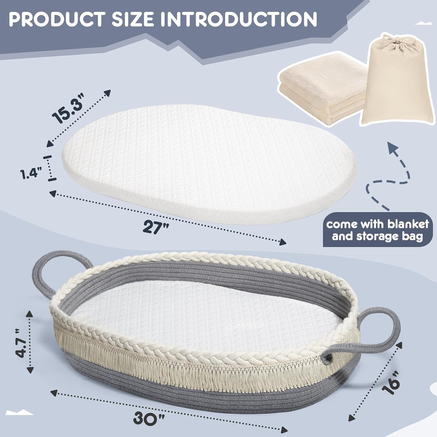 Cesta cambiadora para bebé, cesta de moisés con almohadilla impermeable y manta, cesta tejida portátil y lavable para tocador y cambio de pañales