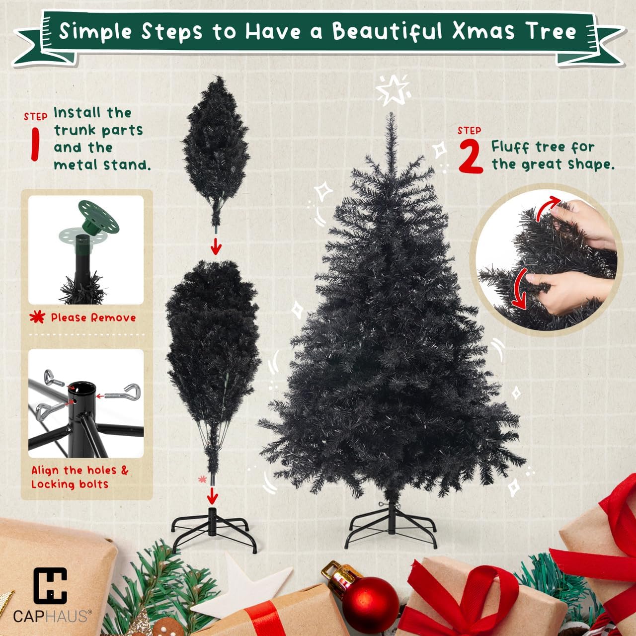 CAPHAUS Árbol de Navidad artificial negro, 4.5 pies con soporte plegable, prebisagras, 398 puntas de rama completa de alta calidad, árbol de Navidad