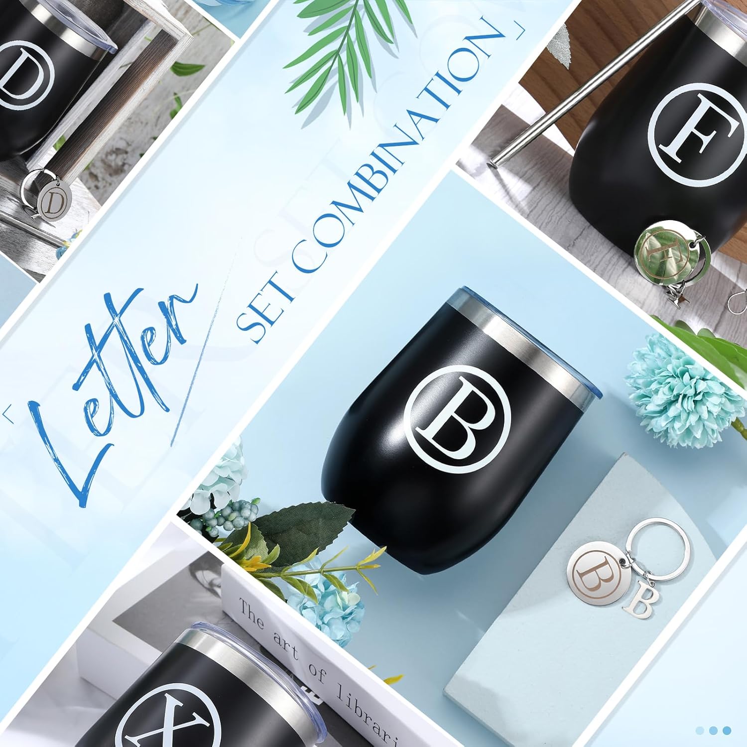 Dandat Vaso de vino personalizado, regalos con llavero personalizado, taza inicial de viaje de acero inoxidable negro de 12 onzas con tapa y popote