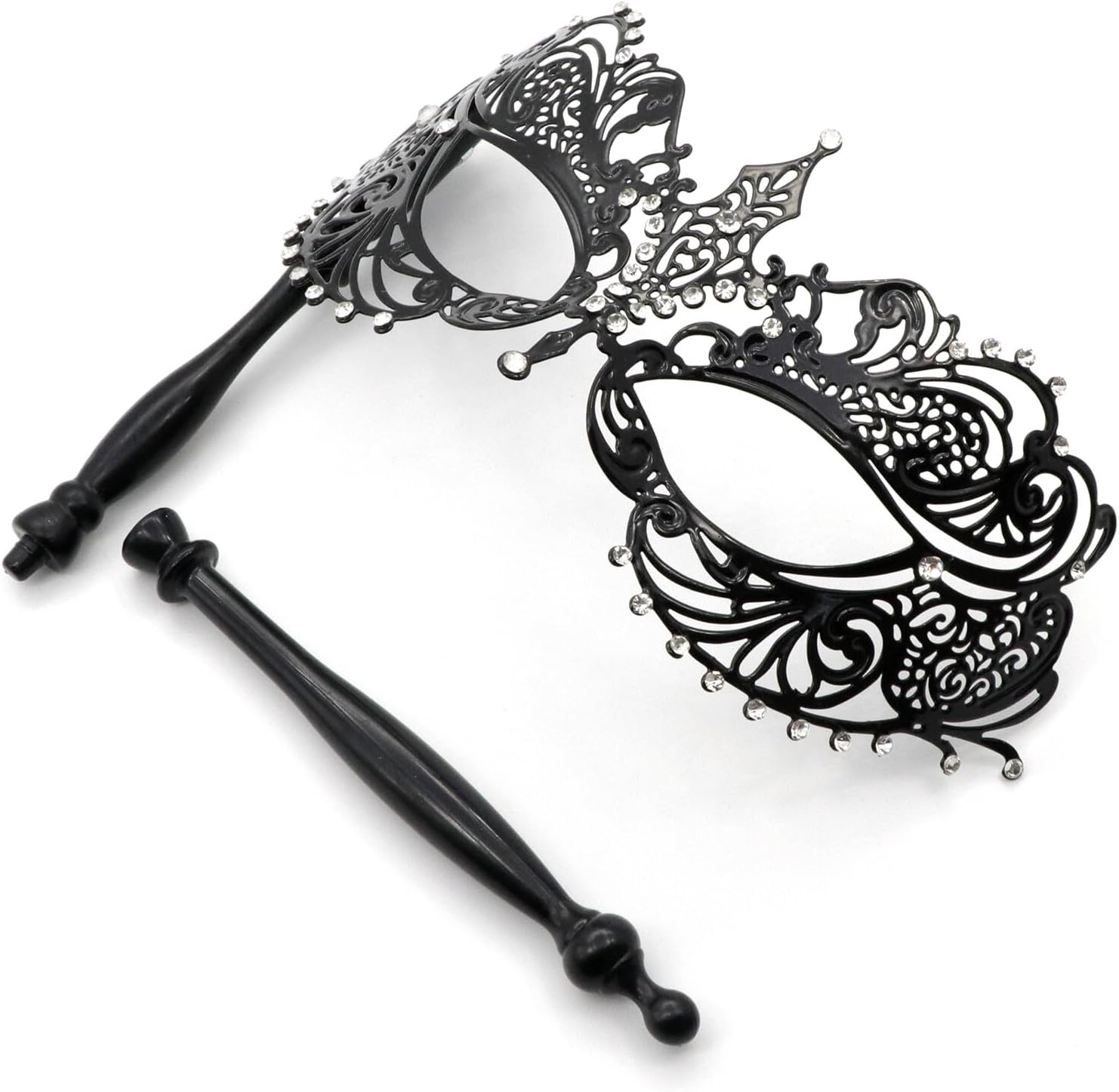 Thmyo Máscara veneciana de fiesta de Mardi Gras de Halloween con palo de sujeción, máscara de mano con plumas de metal y diamantes de imitación