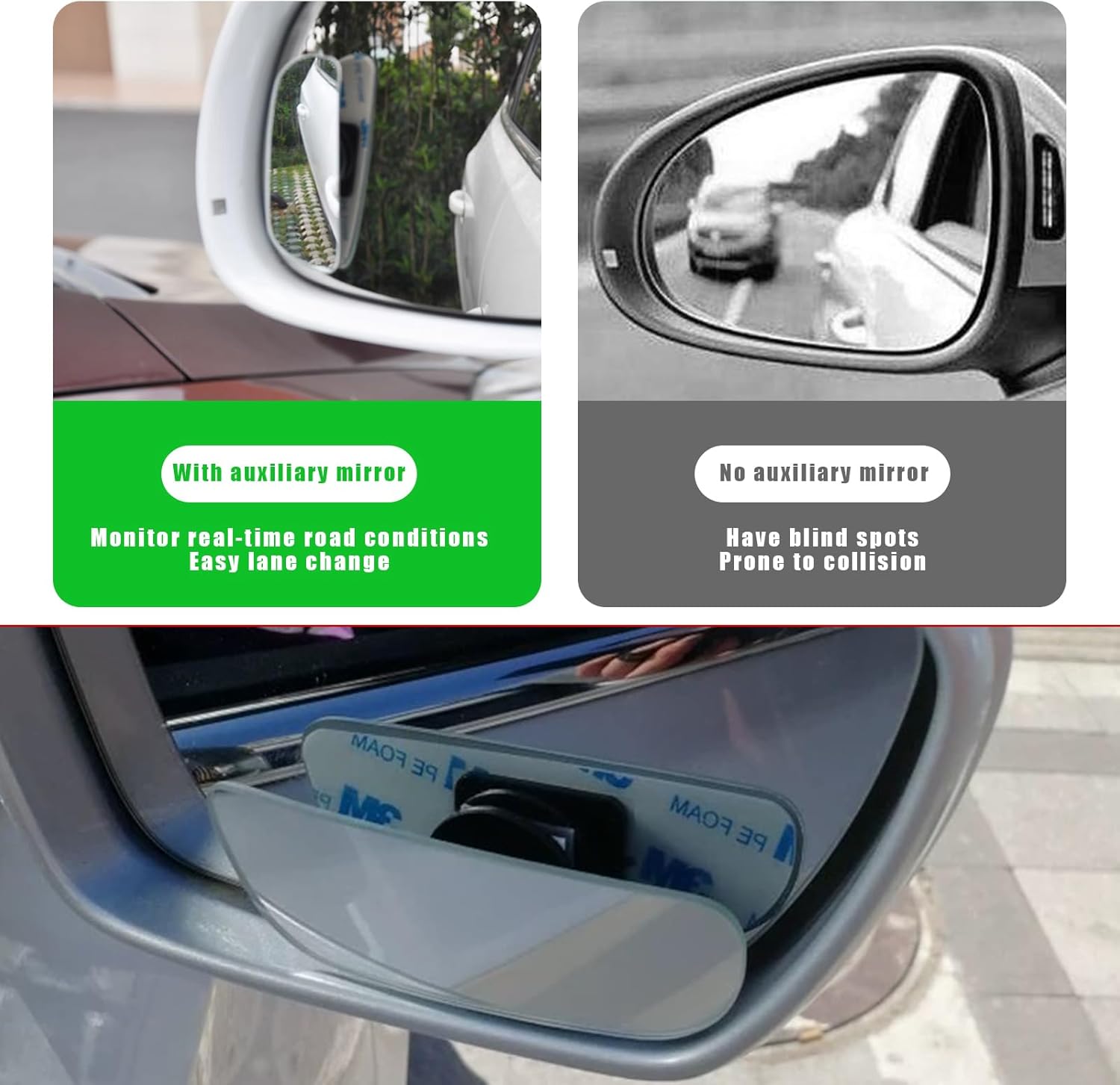 Kewucn 2 espejos de punto ciego para automóvil, espejo retrovisor convexo de vidrio HD sin marco, punto ciego gran angular con palo ajustable,