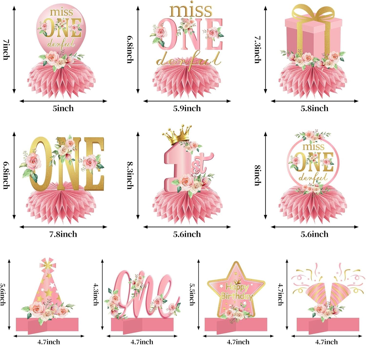10 piezas de decoración de cumpleaños de Miss Onederful, centros de mesa de panal para niñas bebés, color oro rosa y oro rosa para primer