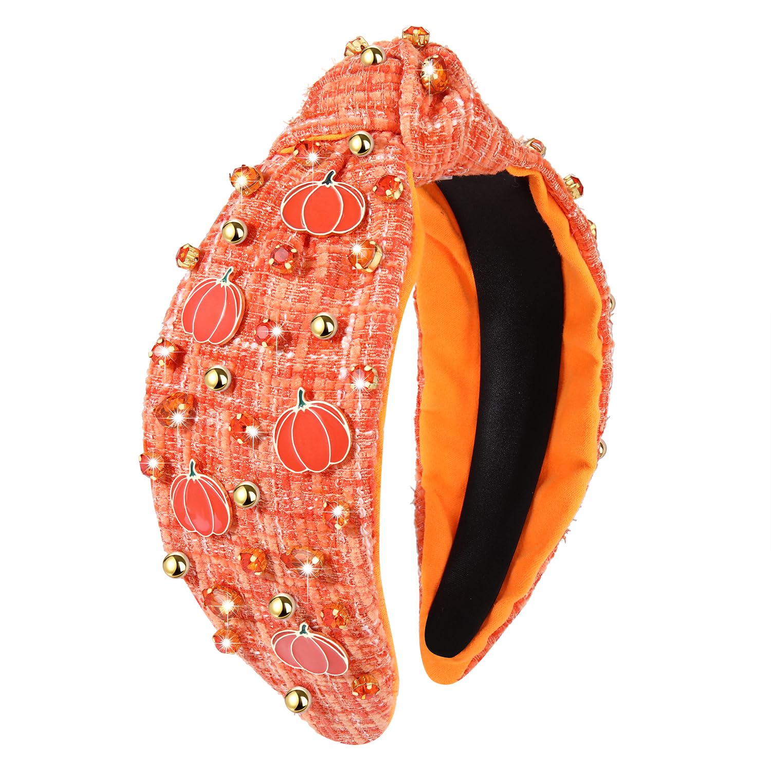 JERTOCLE Diadema de Acción de Gracias, diadema de otoño para mujer, diadema esmaltada de calabaza con cristales anudados, diadema de tweed con nudo