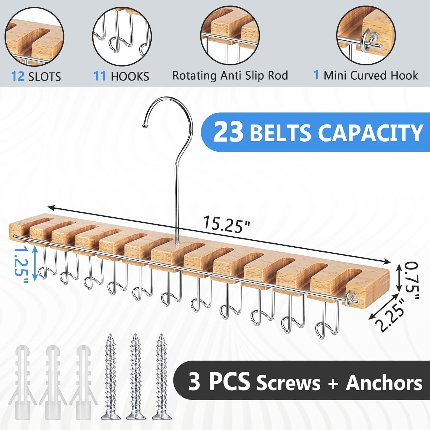 Percha para cinturón para armario, para evitar caídas y soporte de pared para cinturón de madera, sostiene 23 cinturones, soporte para cinturón para