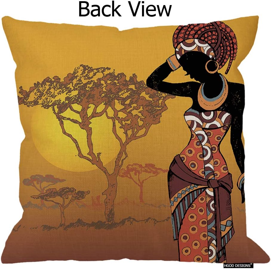 HGOD DESIGNS Fundas de almohada para mujeres africanas, diseño de mujer africana en la puesta de sol, funda de cojín decorativa de lino y algodón,