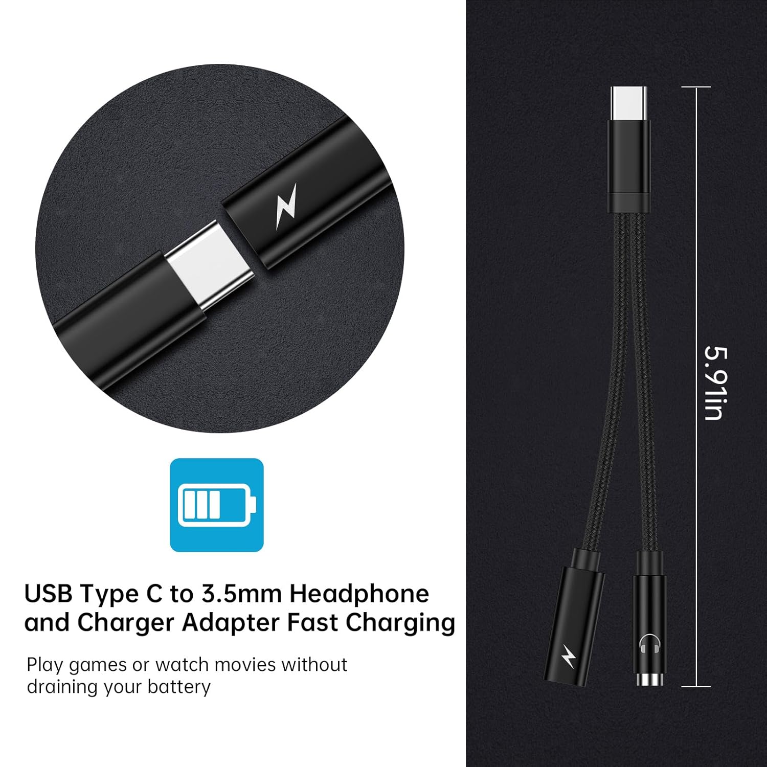 2 en 1 Samsung USB tipo C a 0.138 in adaptador de auriculares y cargador para Galaxy S23S22S21A34,60W PD USB C a audio auxiliar Jack Dongle Cable de