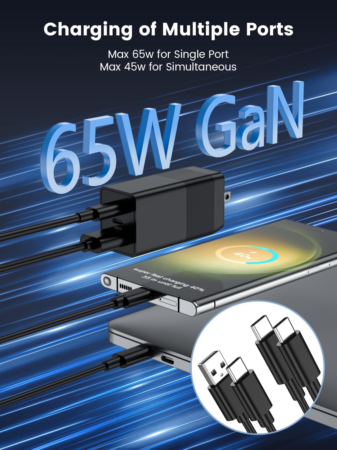 Cargador GaN máximo de 65 W, cargador de pared USB C de 3 puertos, carga rápida, compatible con Samsung Galaxy S23 Ultra S23 S23+ S22 S22 Ultra S22+
