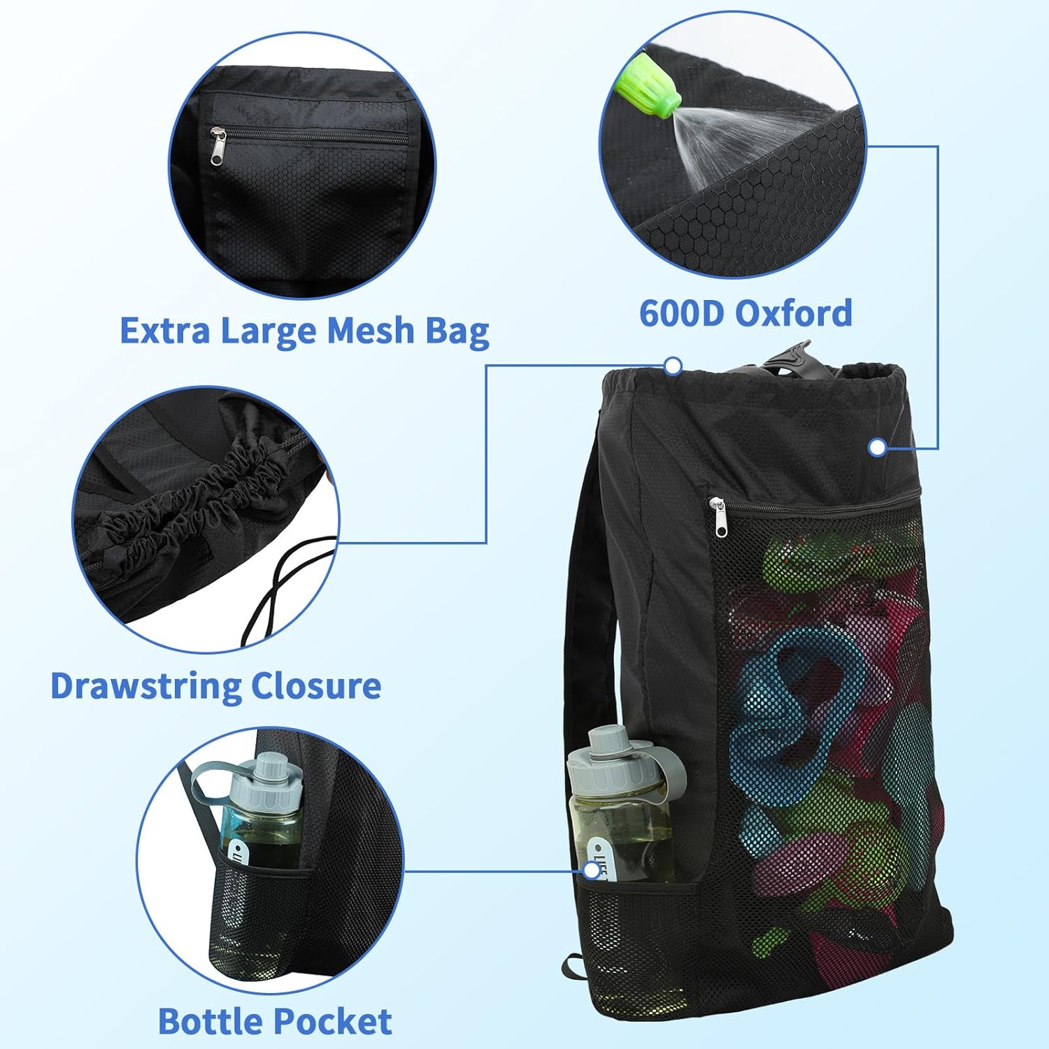 Bolsa de buceo, mochila de buceo de malla de gran tamaño para equipo y equipo de esnórquel, sostiene máscara, aletas, esnórquel, natación