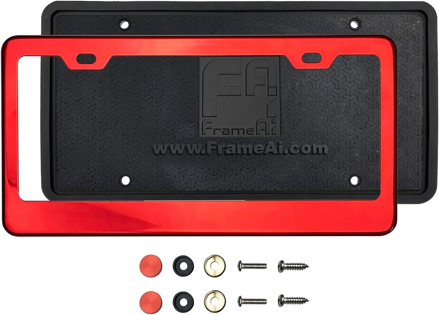 Soporte de silicona para placa de matrícula con espejo cromado rojo, acero inoxidable T304 + tapas de rosca de metal
