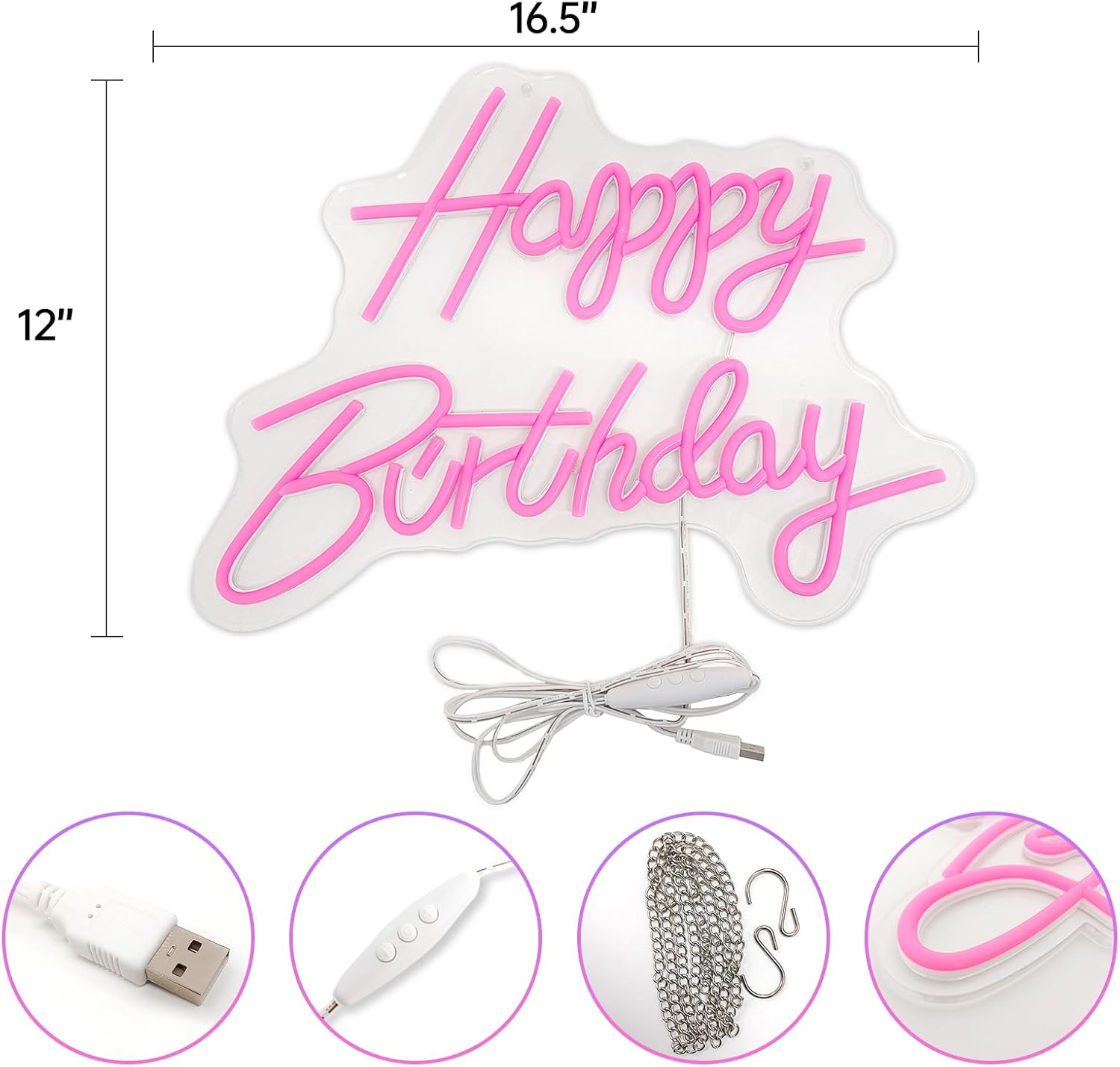 Letrero grande de neón de feliz cumpleaños, letreros LED para decoración de pared, letreros iluminados para decoración de pared, luces de fiesta de
