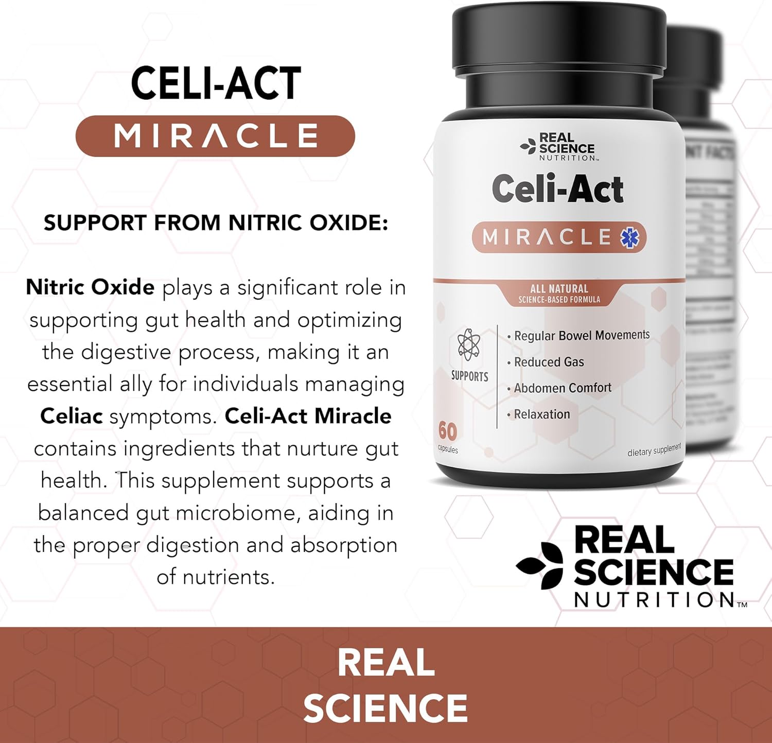 Real Science Nutrition Celi-Act Miracle es un suplemento natural para apoyar las molestias celíacas y la salud digestiva