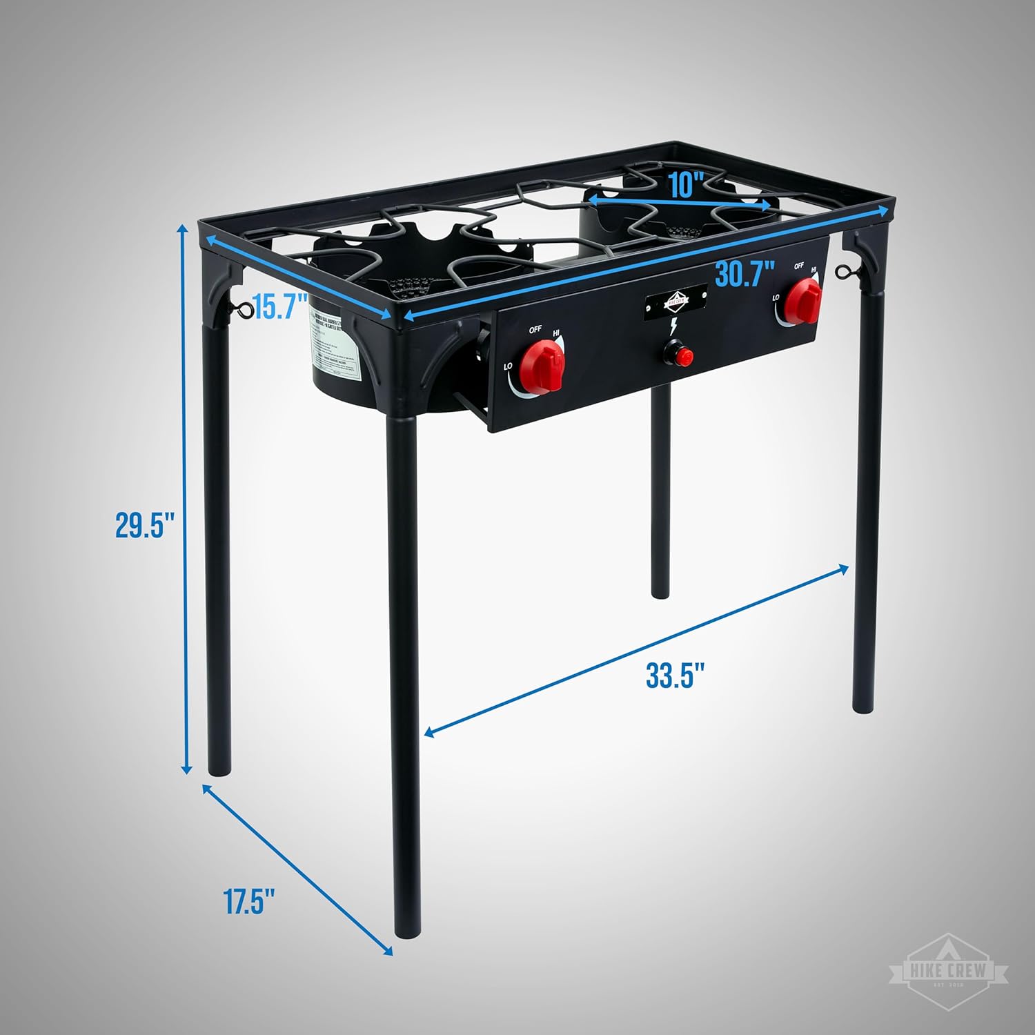 Hike Crew Estufa de gas para exteriores de 3 quemadores de encendido automático, 225,000 BTU con control de llama azul, patas extraíbles, perillas