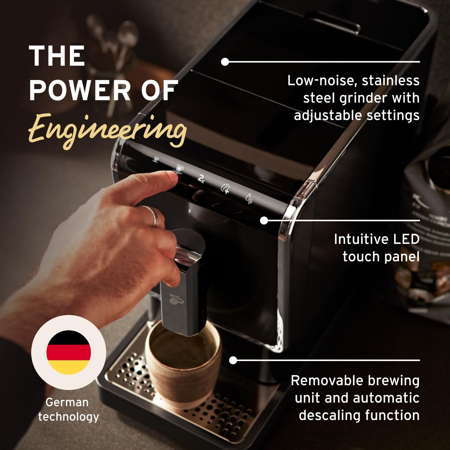 Tchibo Cafetera de una sola porción, máquina automática de café expreso, molinillo integrado, no necesita cápsulas de café, viene con 3 bolsas de