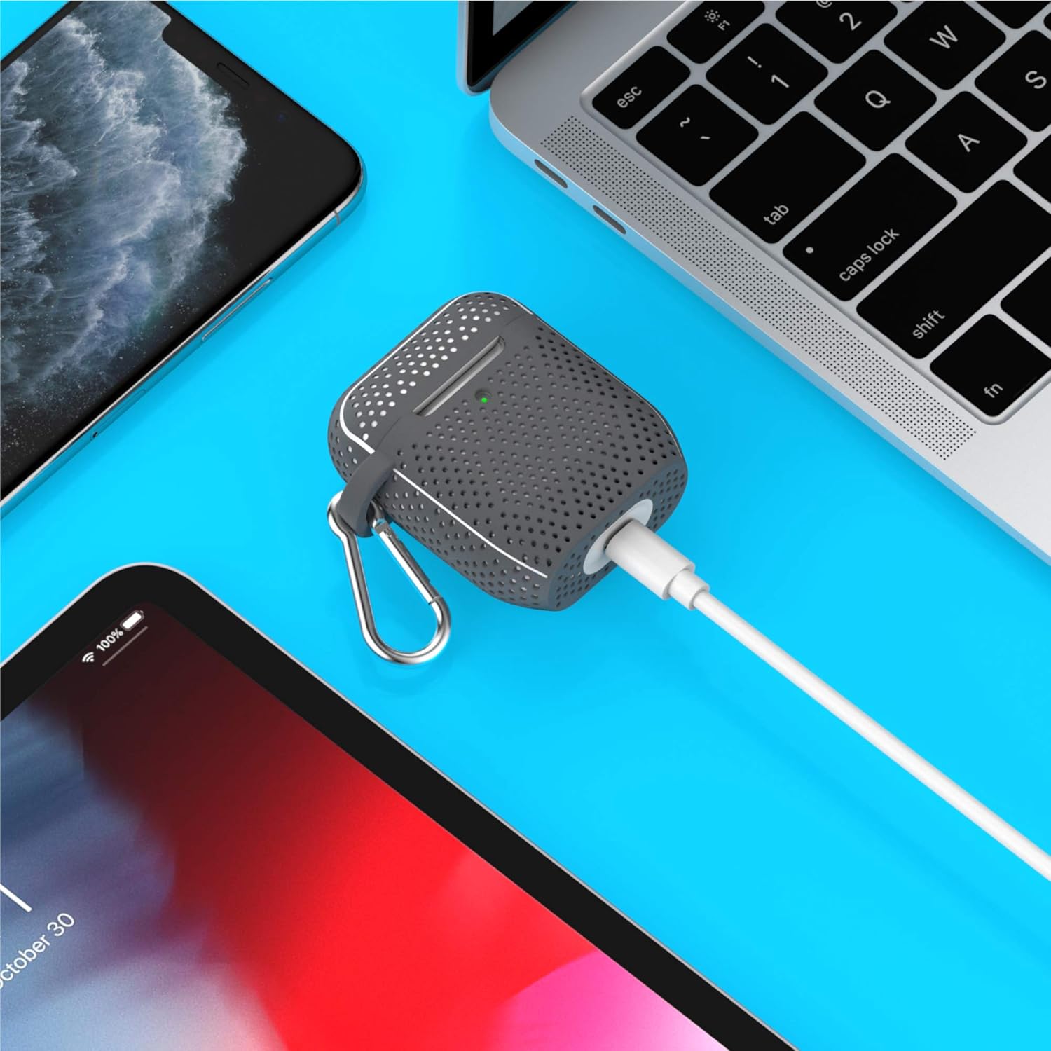 TalkWorks Funda para AirPods con llavero  Funda protectora de silicona dura para AirPods, con clip, mosquetón, carga inalámbrica, compatible con