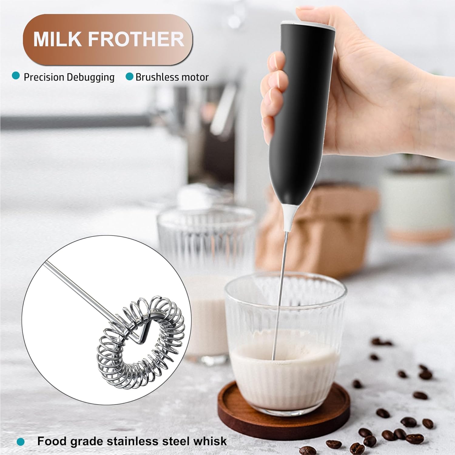 Espumador de café de mano, espumador de mano recargable por USB, espumador de leche de mano ajustable para capuchinos, chocolate caliente, batidos,
