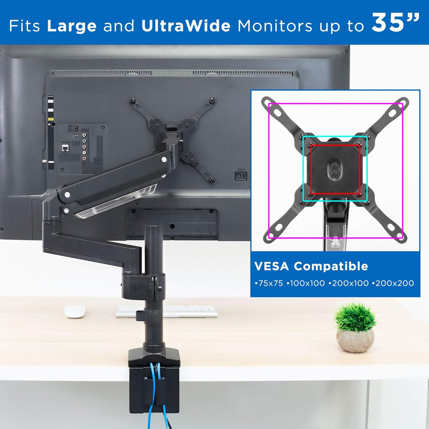 Mount-It! Soporte de escritorio para monitor ultraancho, soporte de monitor único para monitores pesados de hasta 35 pulgadas y 33 libras,