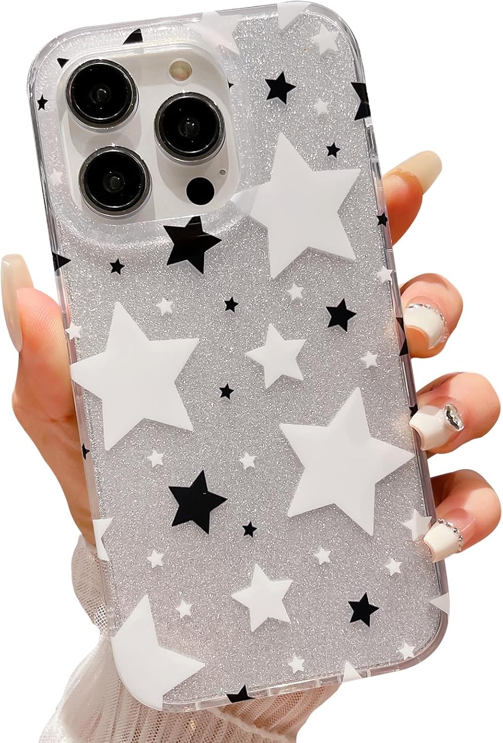 HYUEKOKO Funda compatible con iPhone 15 Pro con purpurina blanca y negra con estrellas para mujeres y niñas, funda delgada y dura para iPhone 15 Pro