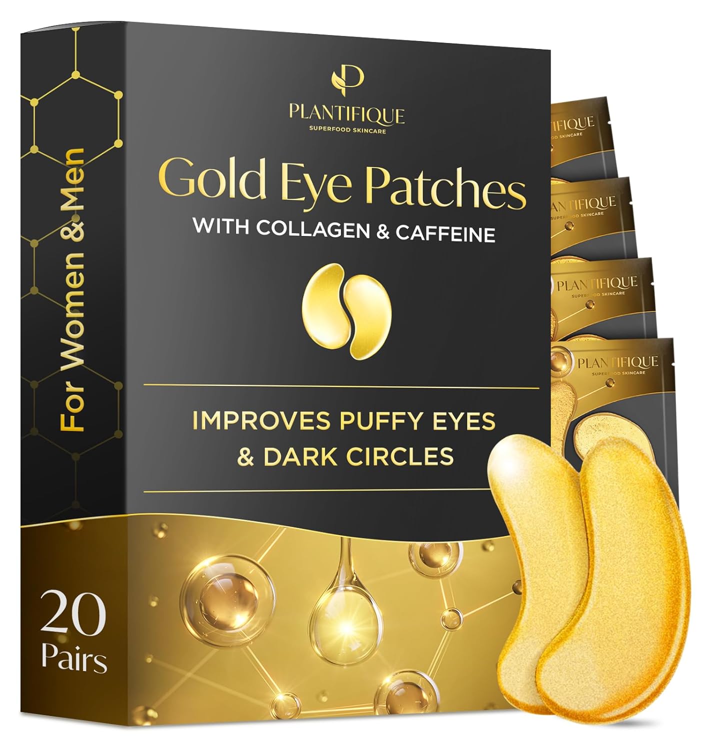 PLANTIFIQUE Parches dorados para ojos hinchados y ojeras, 20 pares de máscaras debajo de los ojos para ojeras e hinchazón, geles de ojos con