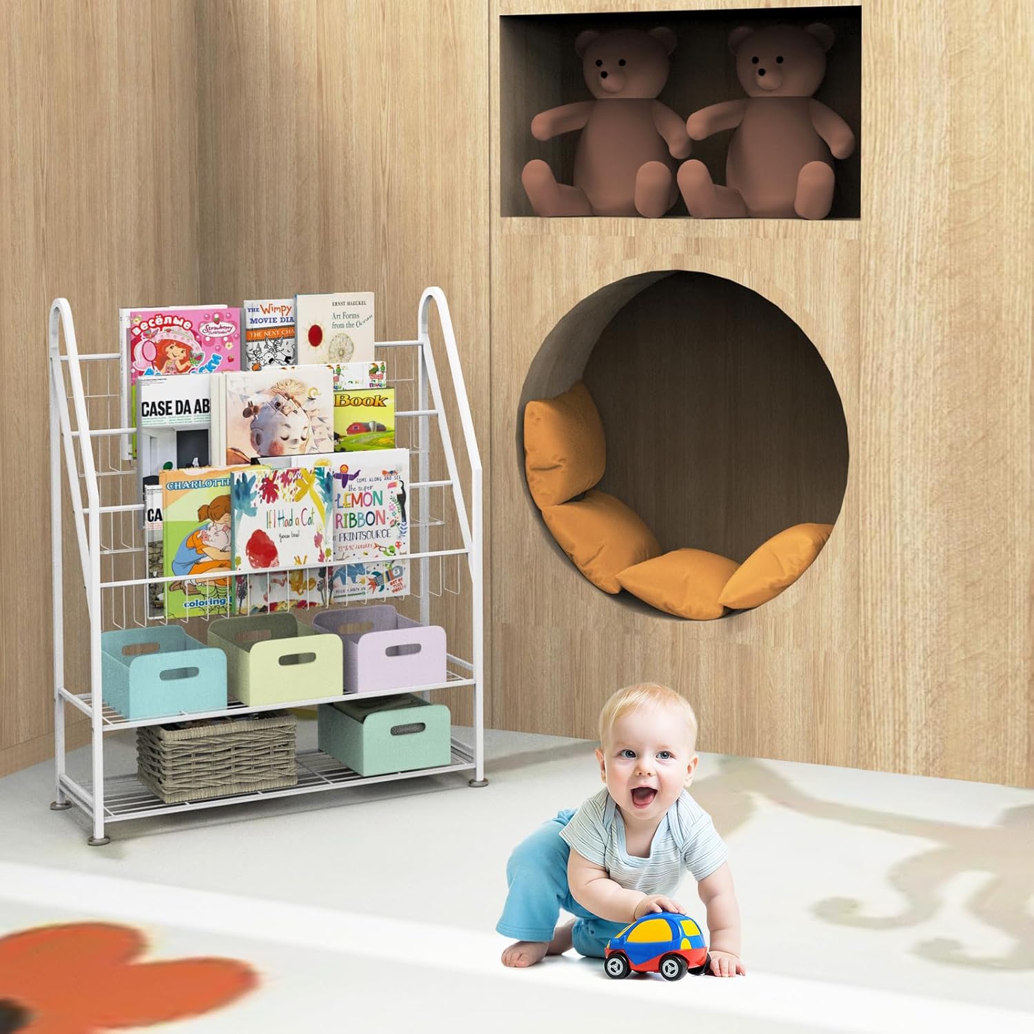 Estantería para niños independiente para habitación de los niños, estantería de metal blanco de 32 pulgadas, organizador de juguetes de gran