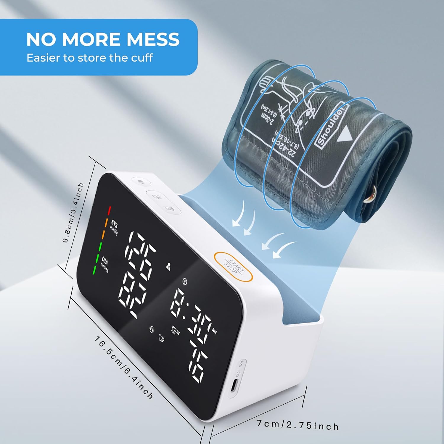 Monitor de presión arterial recargable de brazo superior BP Monitor de brazalete Pantalla LED Máquina de presión arterial Transmisión de voz Uso