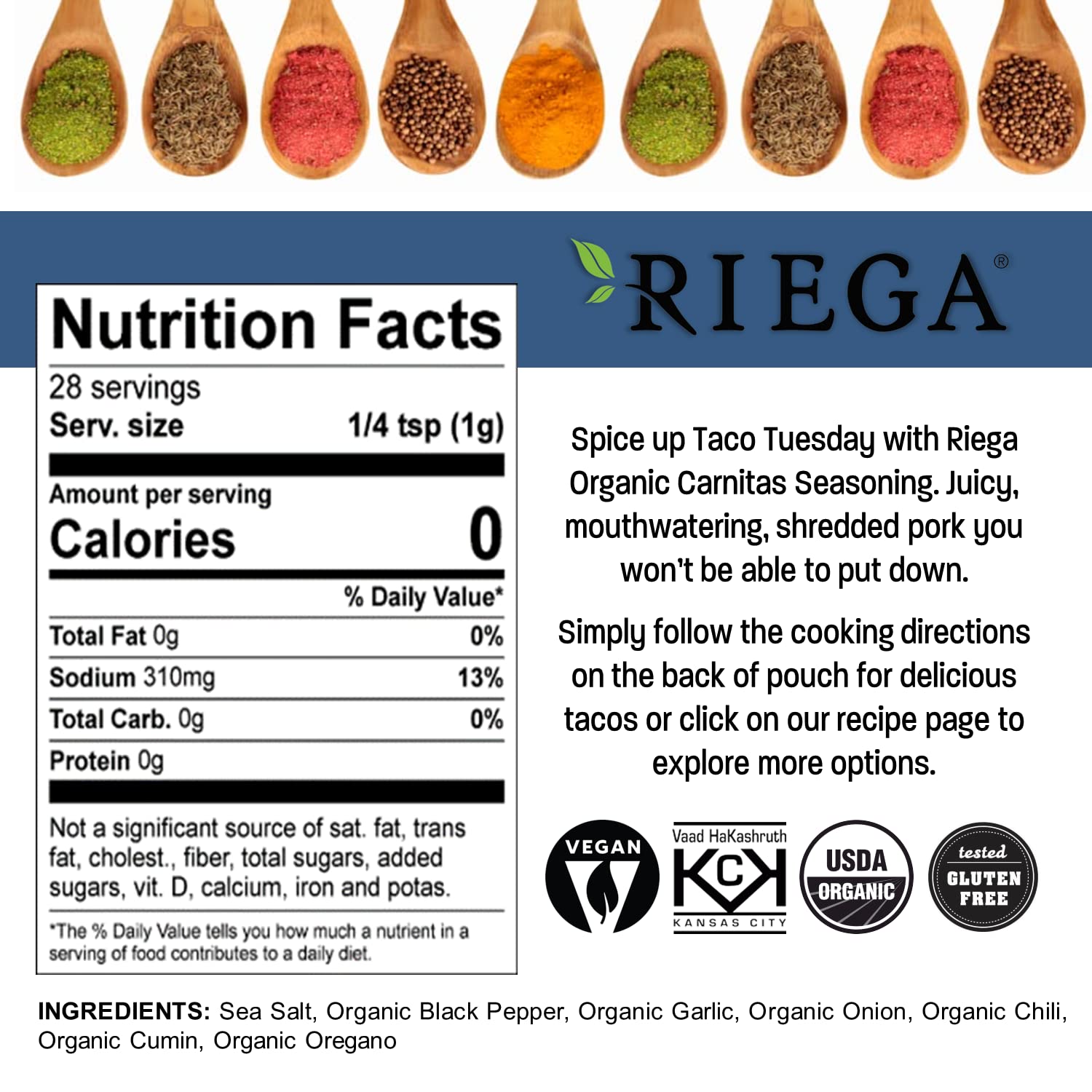 Riega Condimento orgánico para tacos de Carnitas Street, mezcla perfecta para auténticas carnitas de cerdo ralladas en olla de cocción lenta, 1 onza