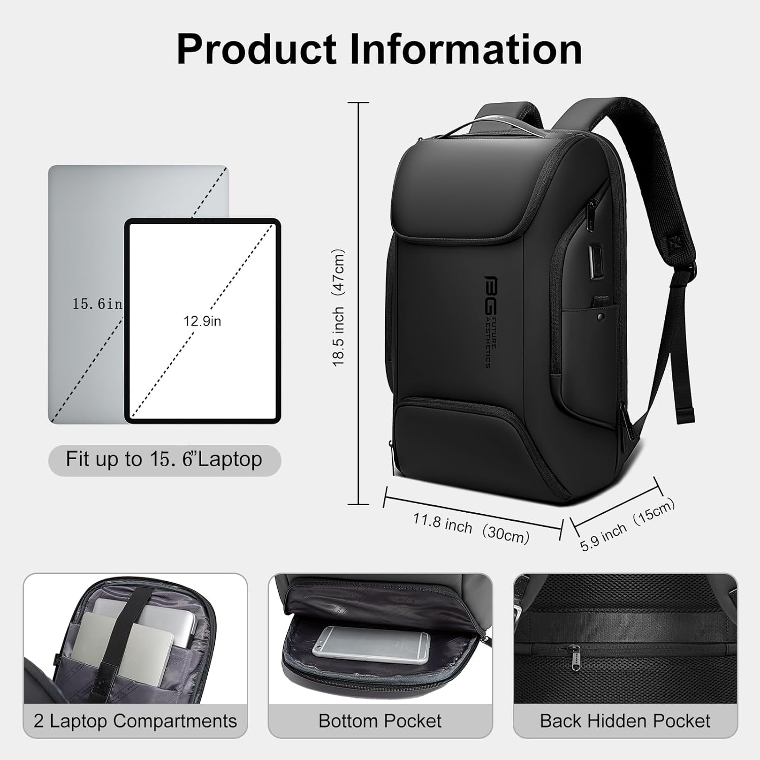 Mochila para computadora portátil para hombres 20L Bolsa de negocios 17.3 “Bolsa de computadora con puerto de carga USB, Gris, Computadora portátil