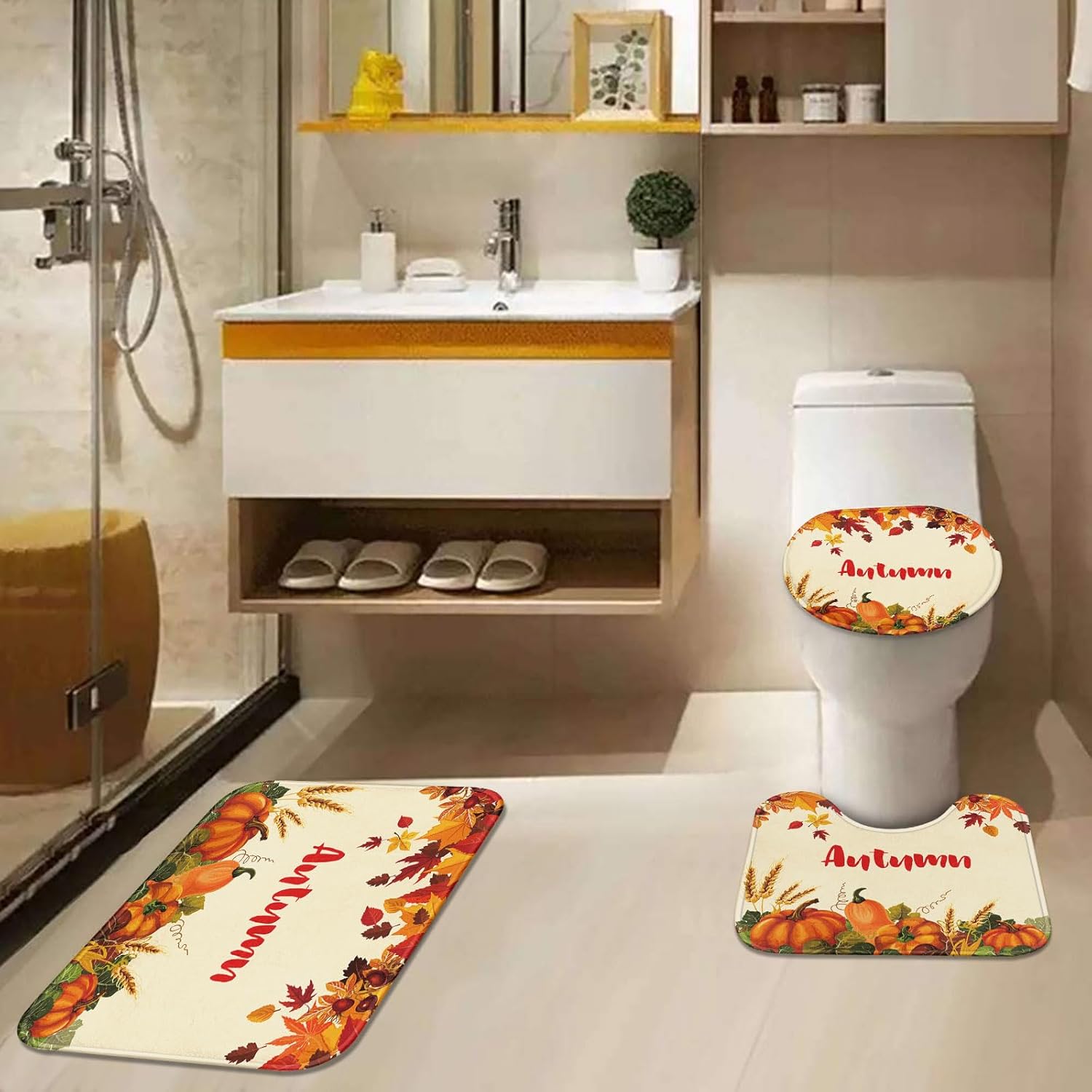 Juego de cortinas de ducha de otoño con tapa de inodoro y alfombras antideslizantes, 4 cortinas de ducha para baño, calabaza naranja, hojas de arce,
