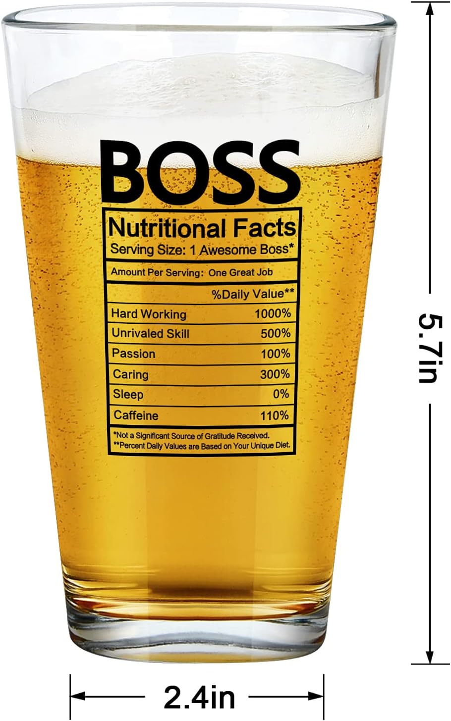 Modwnfy Boss Nutritional Facts – Vaso de cerveza, regalos del día del jefe para hombres, jefe, empleador, compañeros de trabajo, amigos, divertido