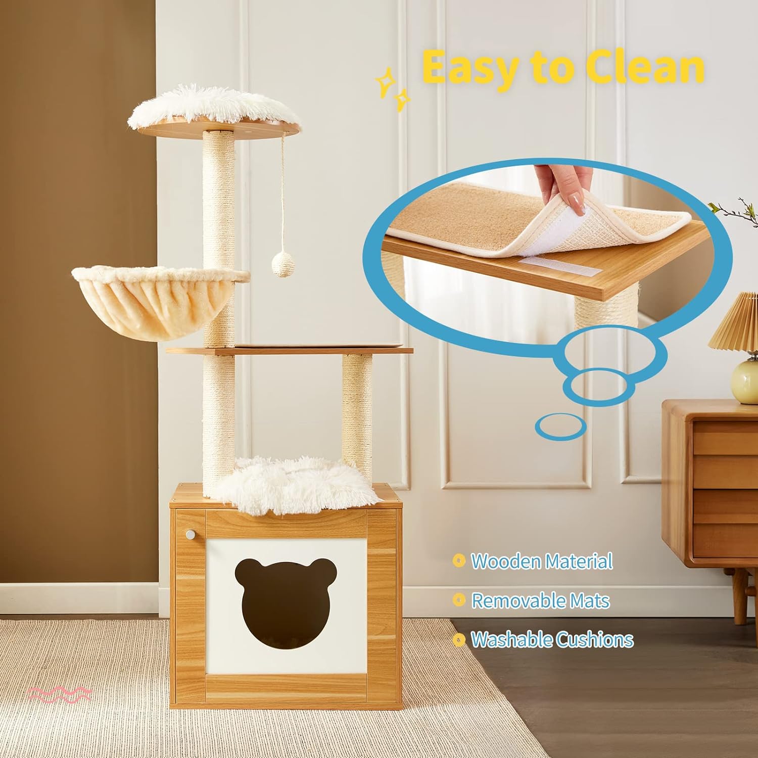 Made4Pets – Árbol para gatos con caja de arena, torre moderna 2 en 1 para gatos de interior, condominio de madera de 48.6 pulgadas con poste