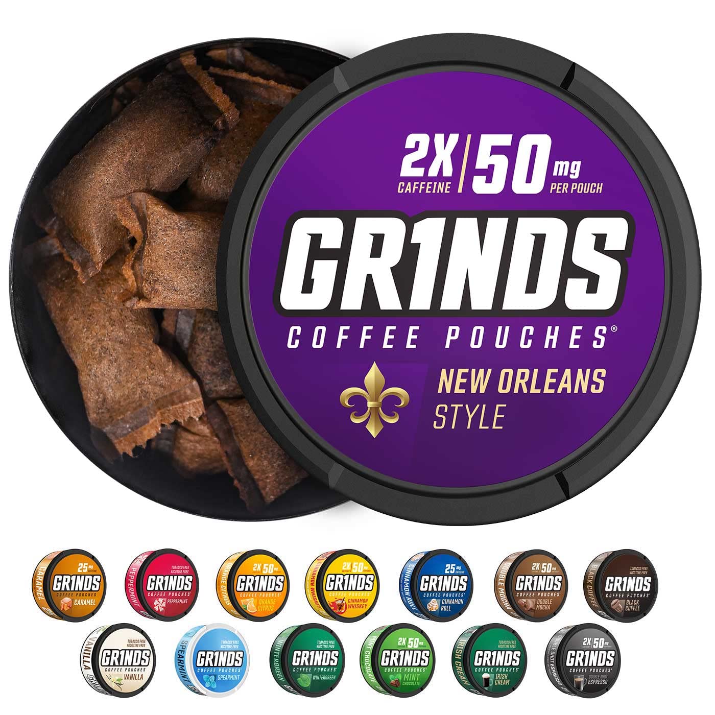 Grinds Bolsas de café  6 latas de Nueva Orleans  Fabricado en los Estados Unidos  18 bolsas por lata  2 x cafeína 1 bolsa equivalente. 12 taza de