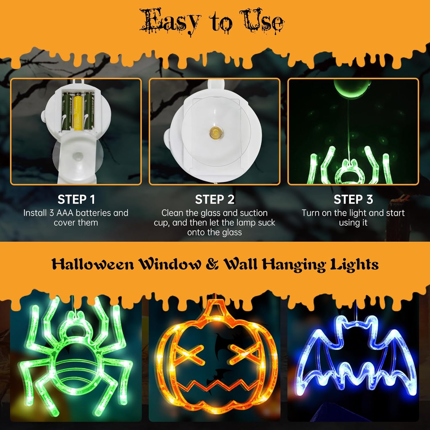 Luces de Halloween para ventana de Halloween, decoración de interiores de calabaza, araña y murciélago, decoración de pared al aire libre, funciona