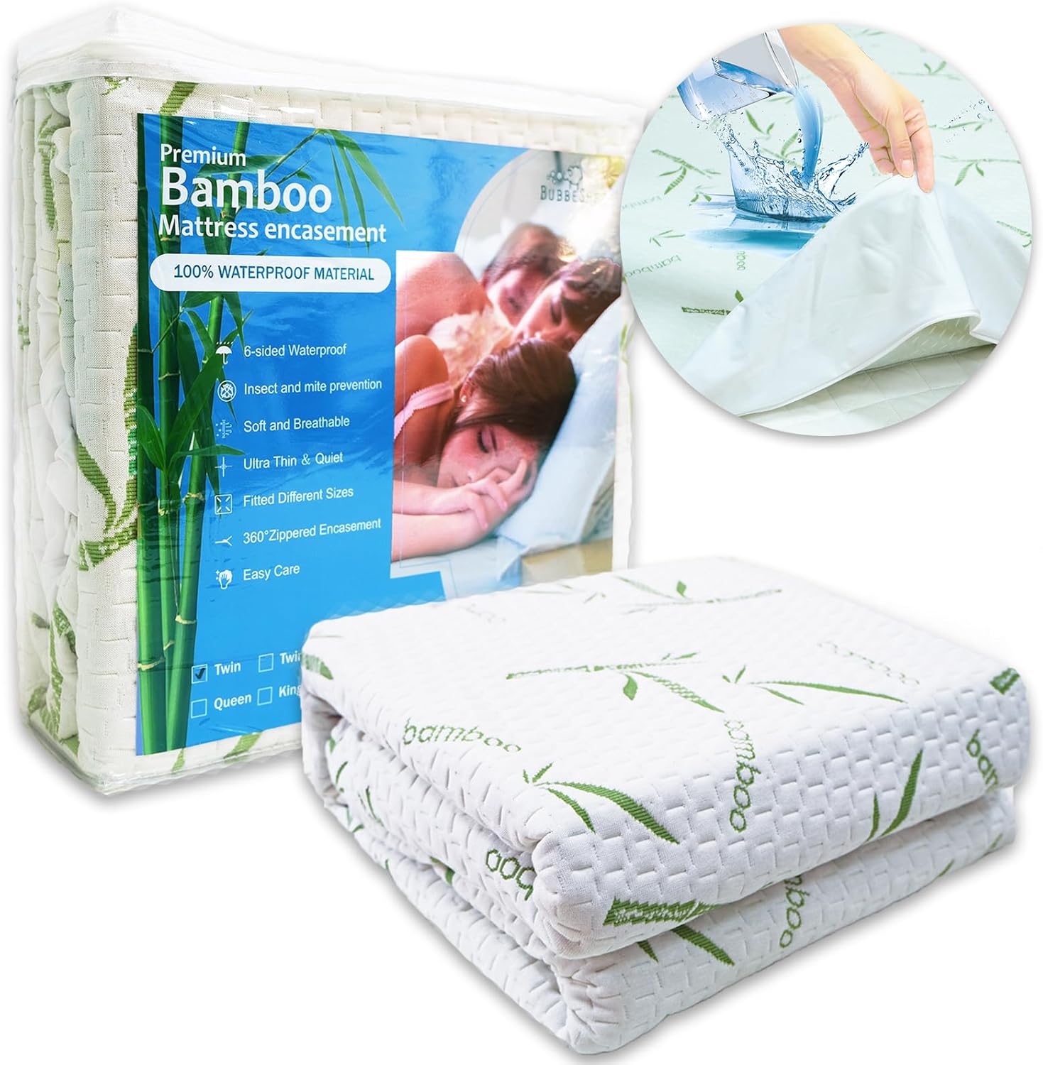 BUBBESHEEP Protector de colchón de bambú con cremallera de 360, 100% impermeable, funda de colchón de alta elasticidad, suave, seguro, transpirable,