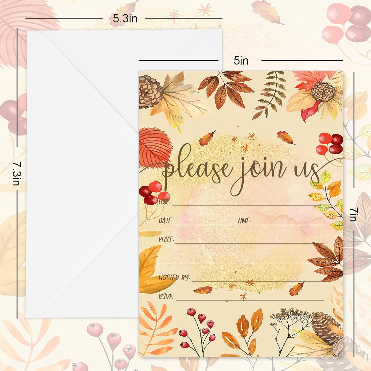 AnyDesign – Invitaciones vintage de otoño, 25 juegos de tarjetas de invitación de otoño con sobres, calcomanías de acuarela botánica en blanco para