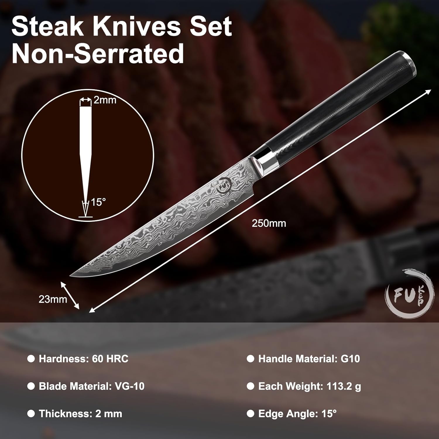 Fukep Juego de 4 cuchillos para carne, súper afilados de 5 pulgadas, juego de cuchillos de carne de damasco japoneses VG10 con núcleo de acero de 73