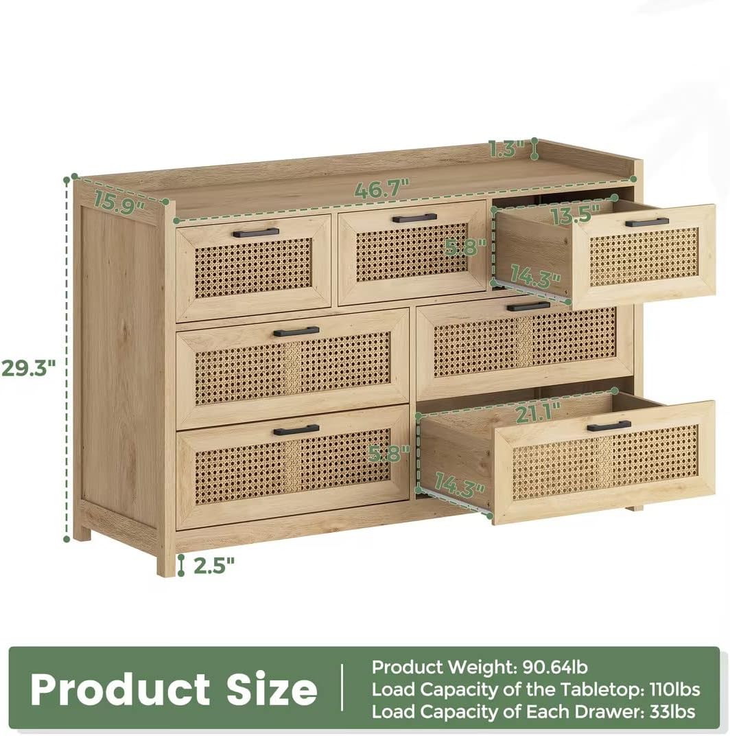 AOGLLATI Cómoda para dormitorio con 7 cajones, cómoda de ratán con luz LED, cómoda de madera ancha LED para dormitorio