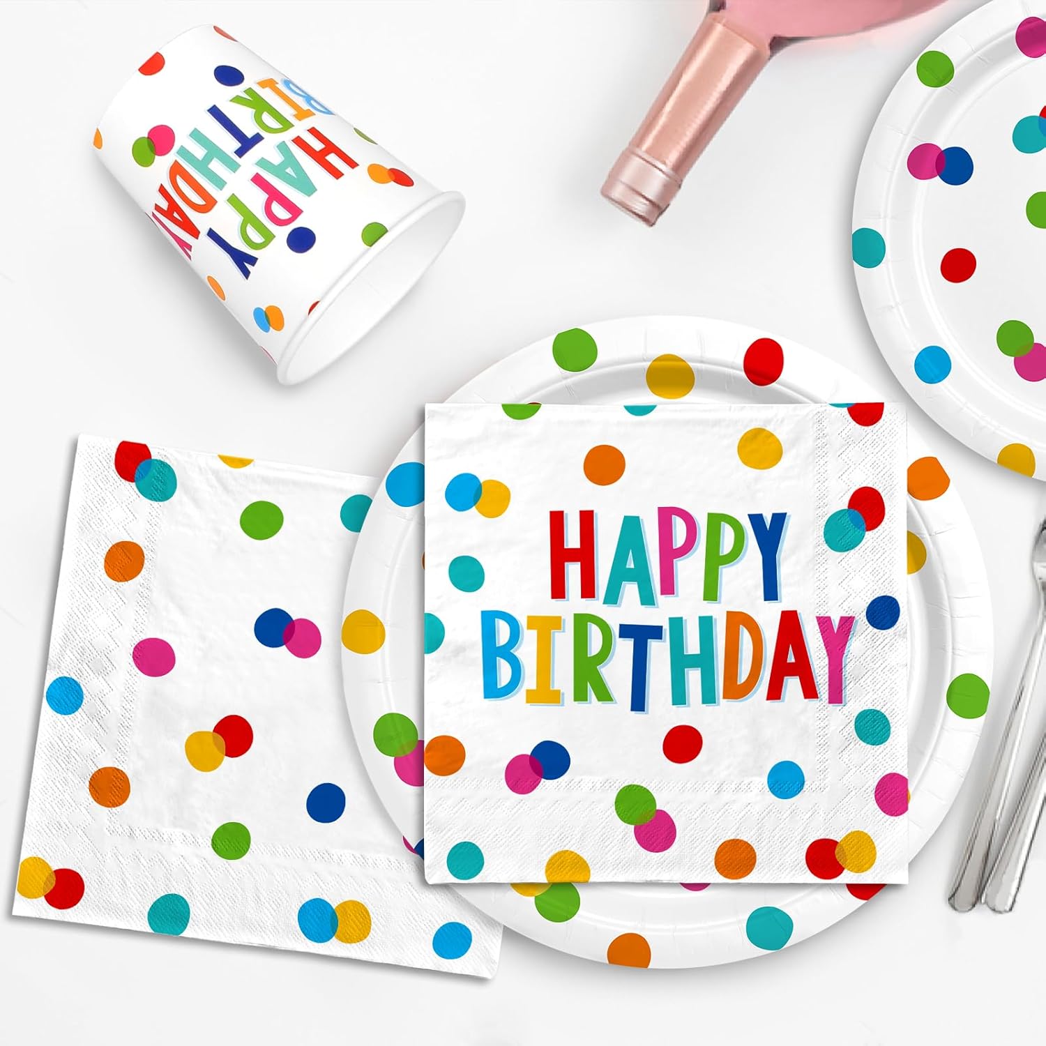 Decoraciones de feliz cumpleaños juego de suministros de fiesta de feliz cumpleaños con diseño de puntos de cumpleaños, incluye platos de cumpleaños