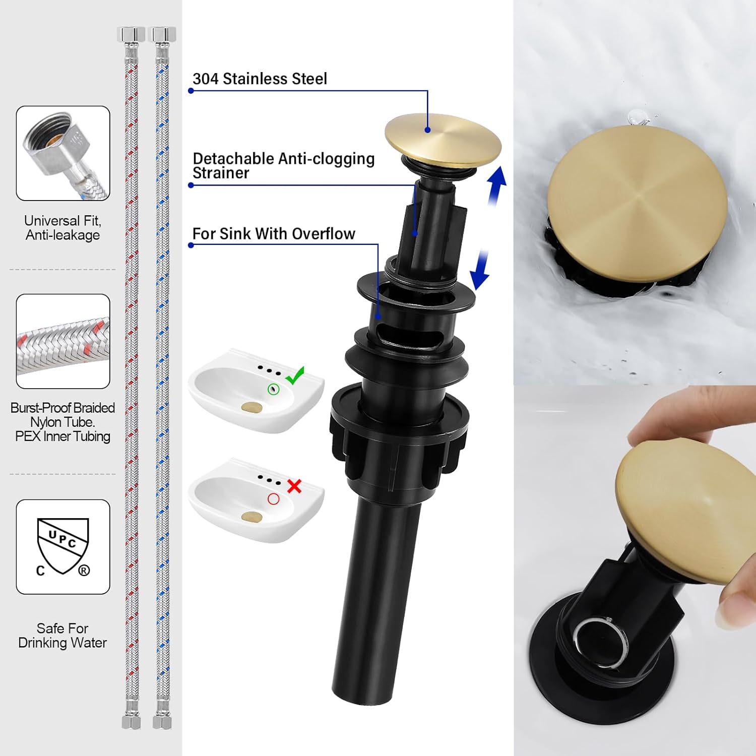 Grifos de baño para fregadero de 3 agujeros, oro cepillado de 4 pulgadas, grifo de fregadero central para baño con drenaje desplegable y 2 mangueras