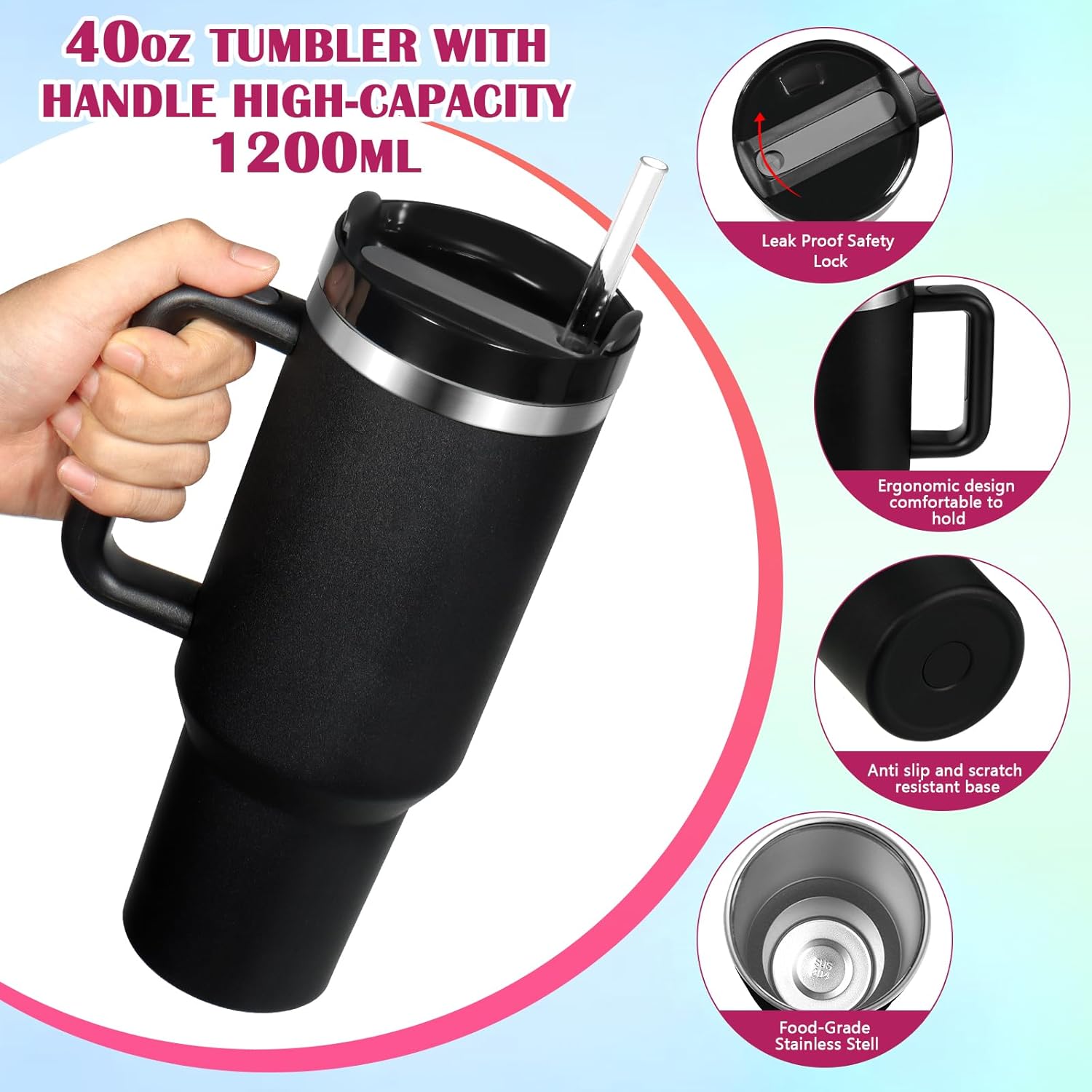 BELYQLY Vaso aislado al vacío de acero inoxidable de 40 onzas con tapa y popote para agua, batidos y más, té helado o café (negro)