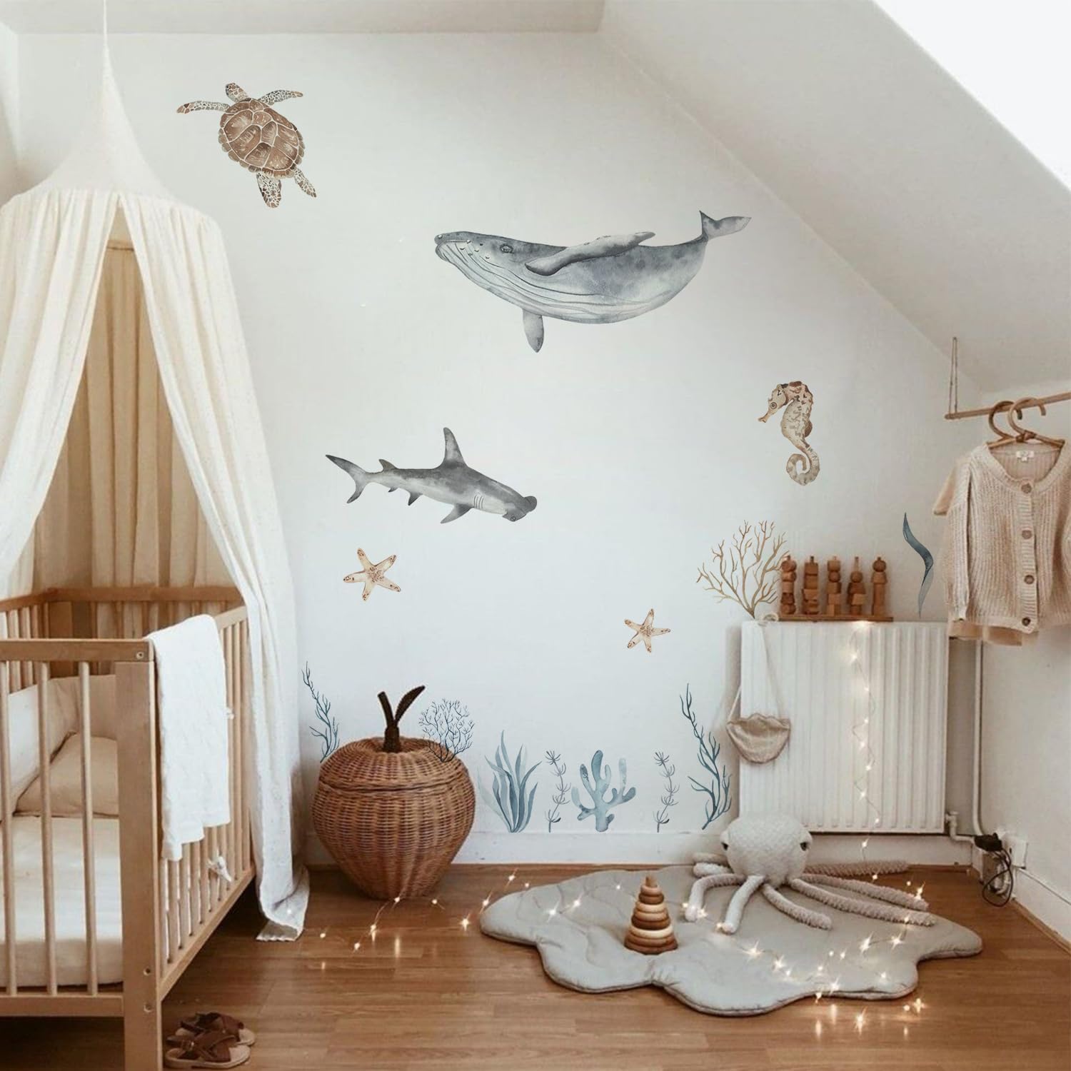 QUCHENG Calcomanías de pared de océano, animales marinos, para dormitorio, calcomanías grandes, removibles, decoración de ballena, guardería,