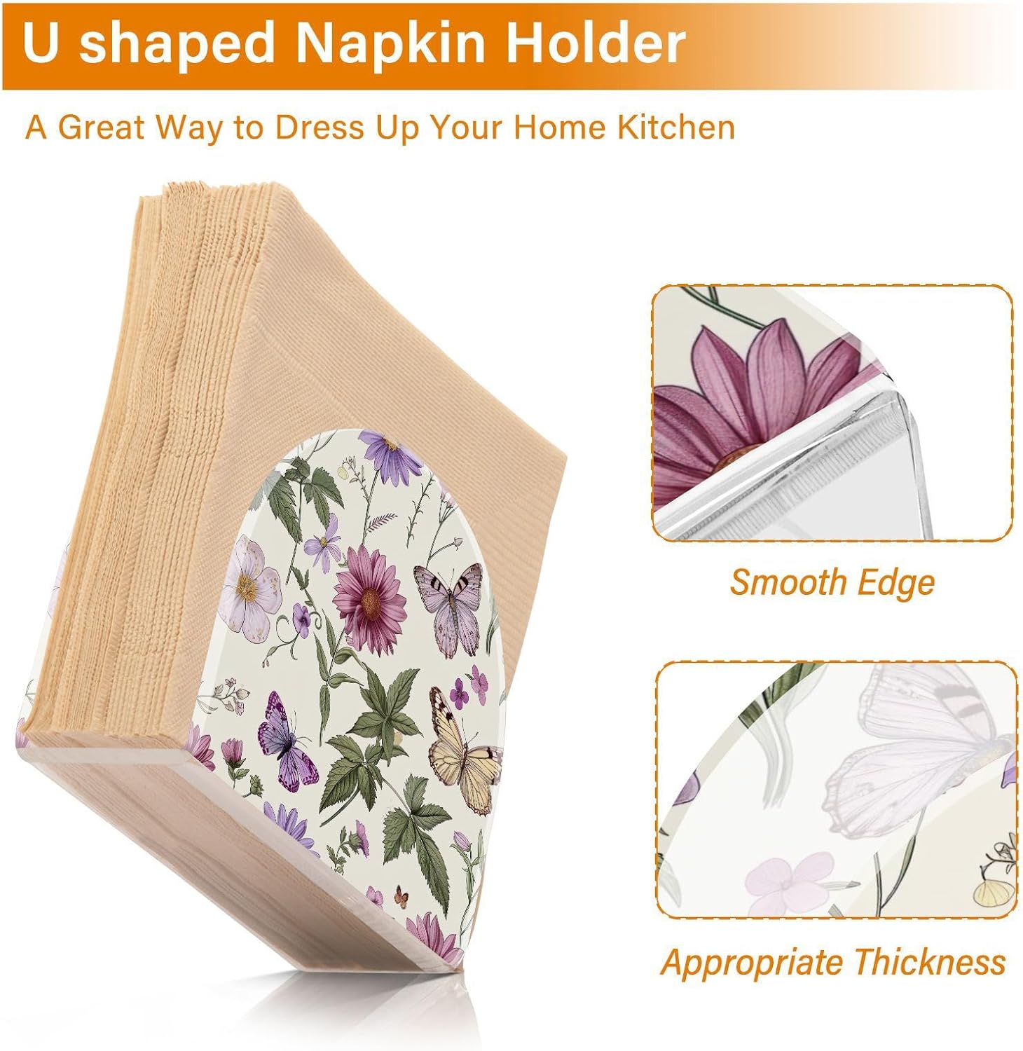 Flower Butterfly Napkin Holder for Paper Napkins, Acrylic Upright Holder for Table, Tissue Dispenser for Farmhouse Kitchen Home Decor
