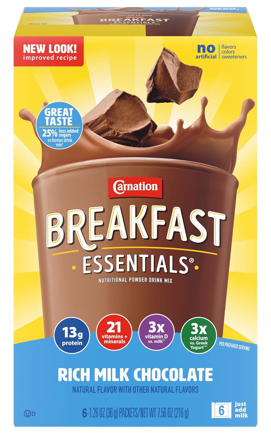 Carnation Breakfast Essentials Paquetes nutricionales de mezcla de bebidas en polvo, rico chocolate con leche, con proteínas, vitaminas y minerales,