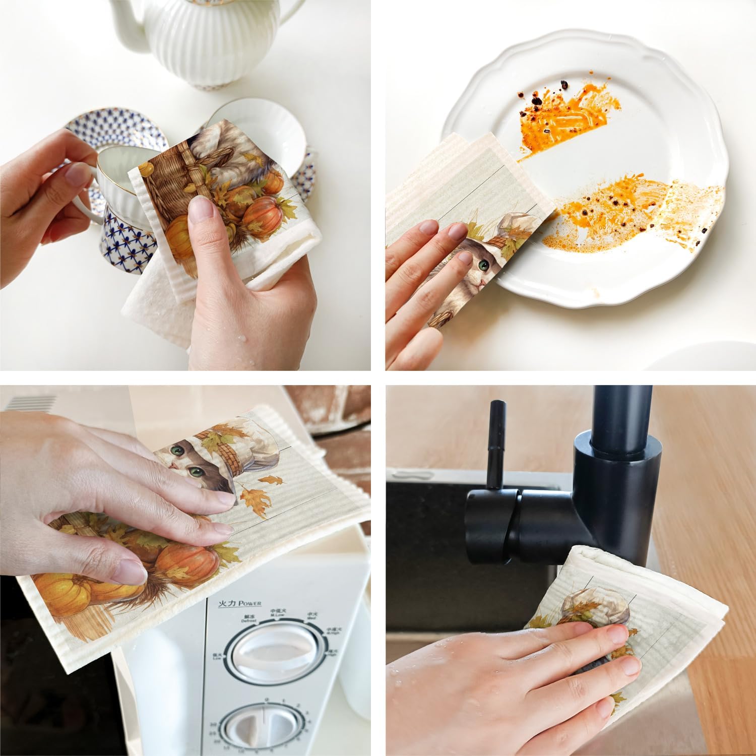 Morigins Paños de cocina suecos para cocina, paquete de 6 paños de cocina suecos con calabaza, gato, paños de esponja de celulosa, toallas de papel