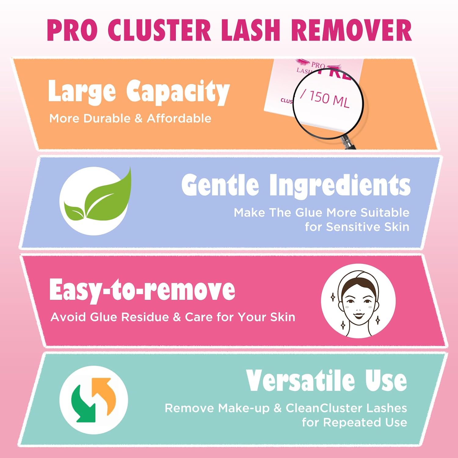 PRO – Removedor de pegamento de pestañas para racimos de pestañas, removedor de adhesivo de 5.1 fl oz, con 3 almohadillas ecológicas de limpieza