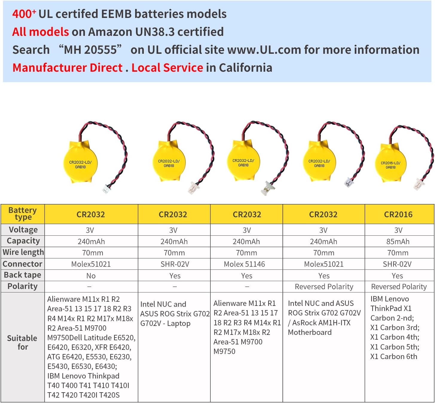 EEMB Paquete de 10 baterías CMOS CR2032 de 3 V con cables de cable y conector SHR, batería de repuesto para computadora portátil Intel NUC y ASUS