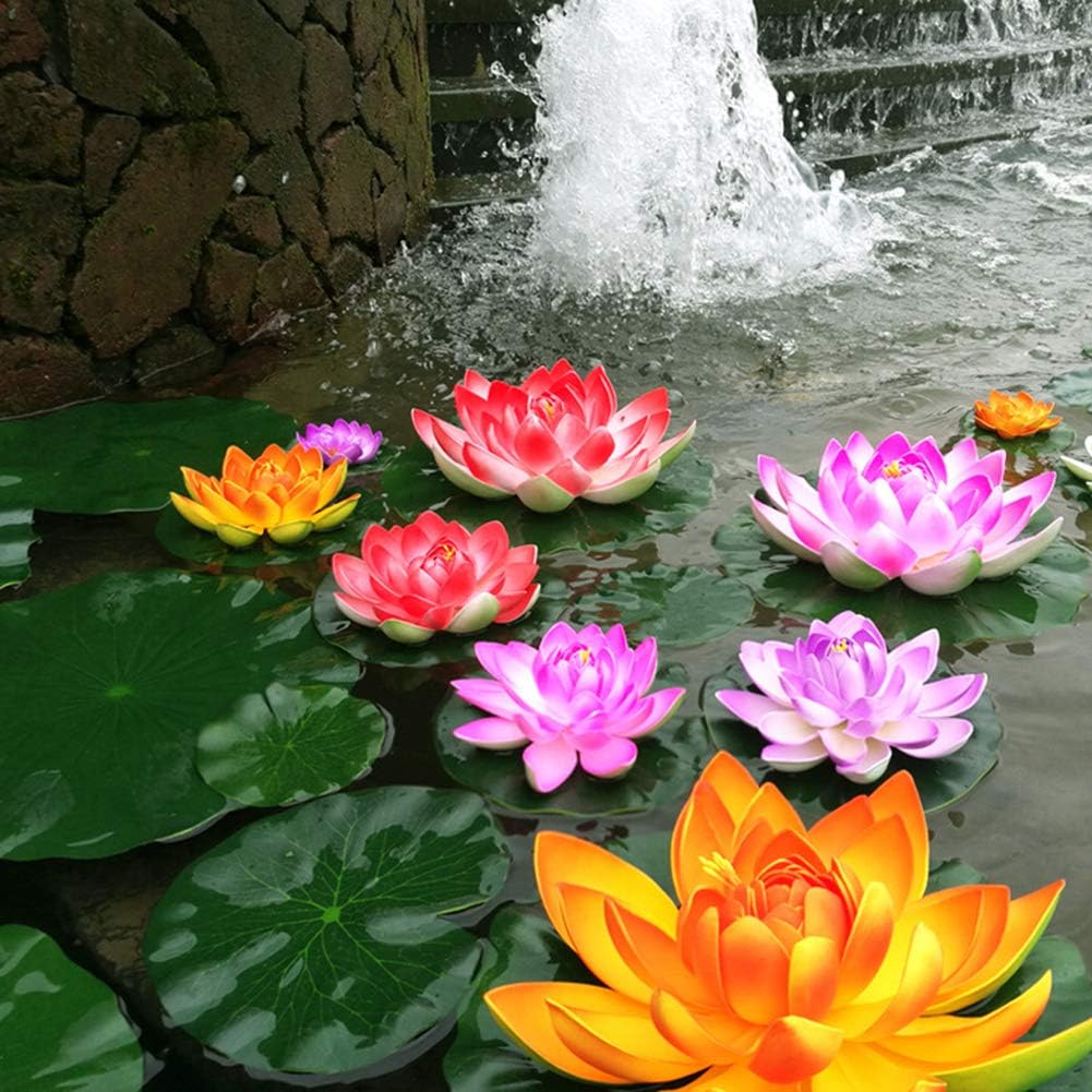 Superdream 4 flores de loto flotantes artificiales grandes, decoración de boda para el hogar, jardín, estanque, acuario (7 pulgadas) (naranja,