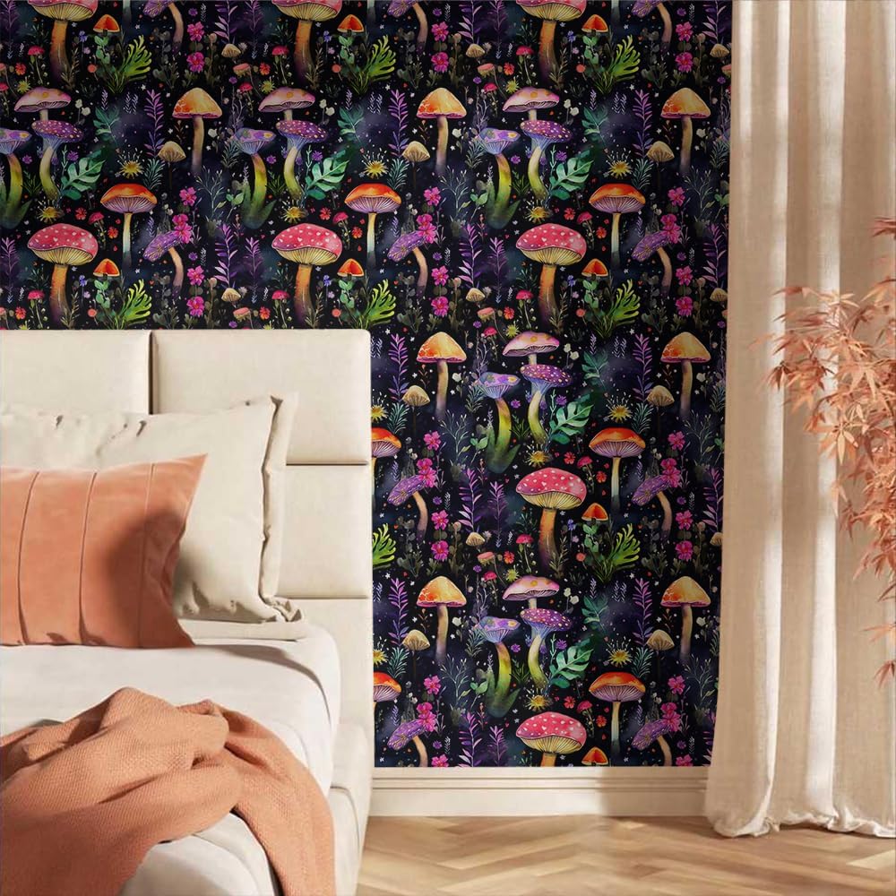 VistaPalette Papel tapiz autoadhesivo autoadhesivo de 18 x 236 pulgadas, diseño de bosque de hongos coloridos y mágicos oscuros, papel de contacto