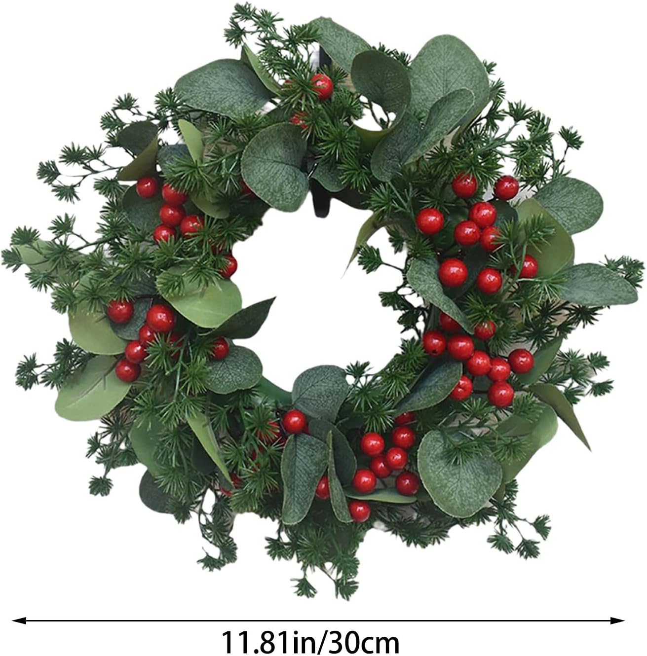 Corona de Navidad para puerta delantera, 12 pulgadas, corona de Navidad, simulación, trompeta, hoja de baya, puerta, decoración de ventana para