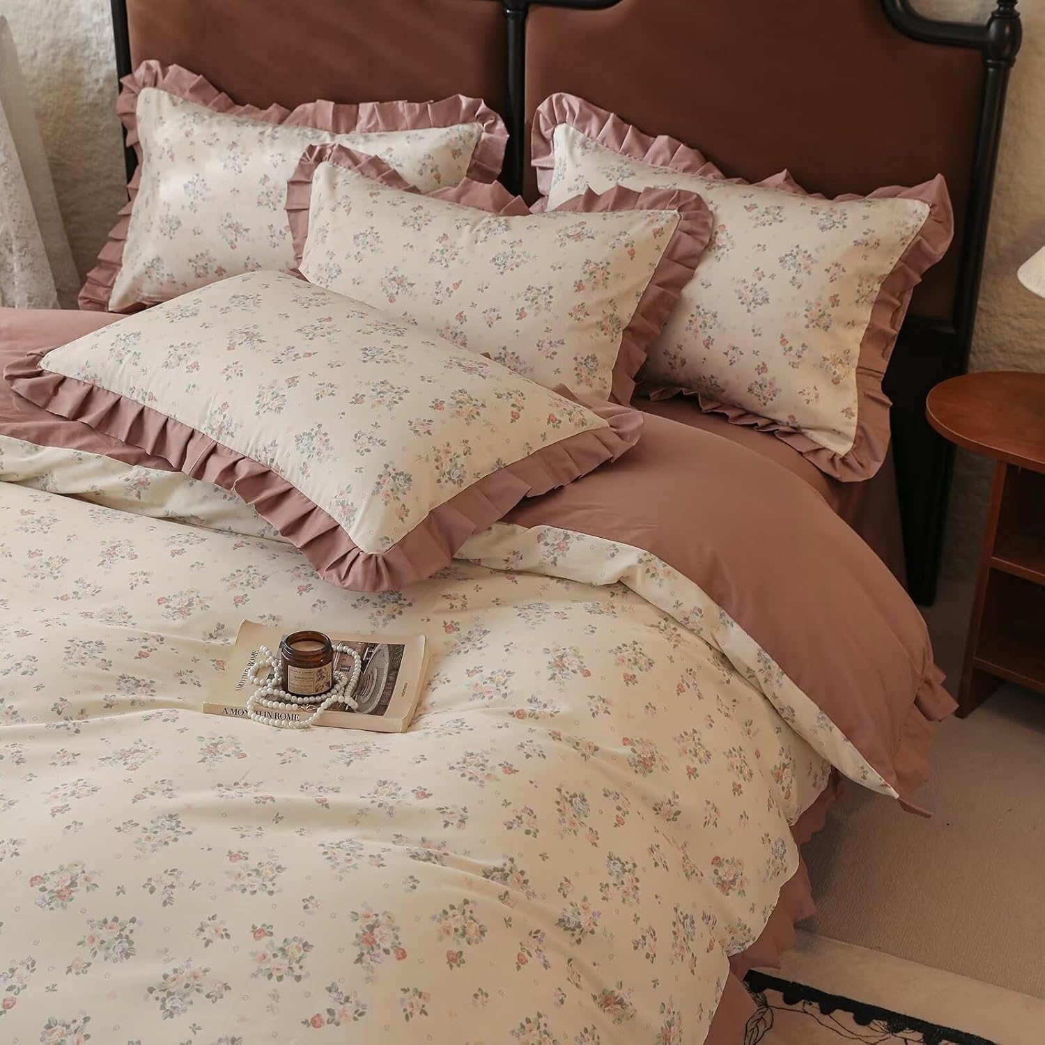 Juego de fundas de edredón con estampado de flores de tamaño individual con volantes rosa pálido, suave, vintage, 100% algodón, para niñas y niños,